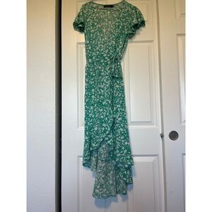 Zesica Floral Wrap Dress Green White Ruffle High Low Midi Short Sleeve